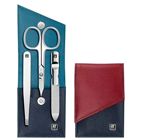 ZWILLING Maniküre-Etui, 3-teiliges Pflegeset in Blau-Rot-Schwarz - Maniküre- & Pediküre-Sets: Hochwertiges Set mit Nagelschere, Nagelfeile und Pinzette, gefertigt aus rostfreiem Edelstahl und verpackt in einem stilvollen Echtleder-Etui im modernen Color-Blocking.
