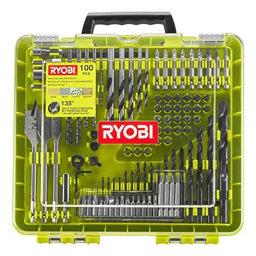 Ryobi RAKDD100 Bohr- und Antriebsset (100-teilig) - Werkzeug-Set mit 100 Teilen für vielseitige Bohr- und Schraubarbeiten. Ideal für Holz, Kunststoff und Metall mit praktischer Aufbewahrungsbox für eine ordentliche Organisation.