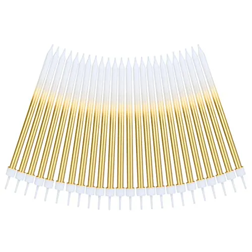 URAQT Geburtstagskerzen Kuchen, 24 Stück Lange Metallisch Geburtstagskerzen mit Haltern für Kinder & Erwachsene, Dekorative Geburtstagstorte, Hochzeitsparty, Abschlussfeier (Weiß&Gold)