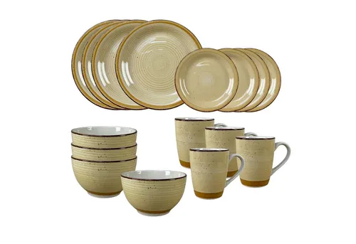 16-teiliges Geschirrset Antonia in Beige - Kombiservice für 4 Personen aus hochwertiger handgemalter Keramik, ideal für stilvolle Mahlzeiten und besondere Anlässe.