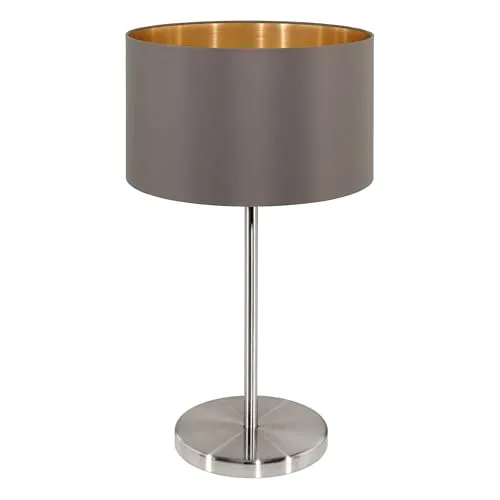 EGLO Tischlampe Maserlo – Elegante Nachttischlampe in Silber mit Cappuccino-Schirm - Tischlampe aus Metall in Silber mit hochwertigem Stoffschirm in Cappuccino und goldfarbener Innenfläche, ideal für eine gemütliche Atmosphäre im Wohnzimmer oder Schlafzimmer.