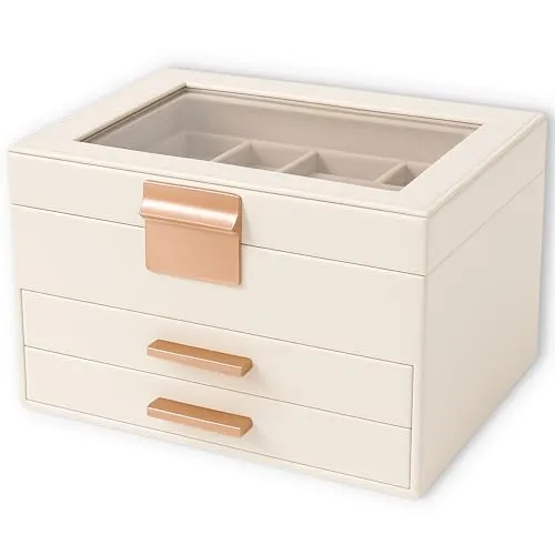 PECZEKO Schmuckkästchen, Schmuckbox mit transparenter Deckel, Schmuckkasten mit 3 Ebenen, 2 Schubladen, Schmuckaufbewahrung, modern