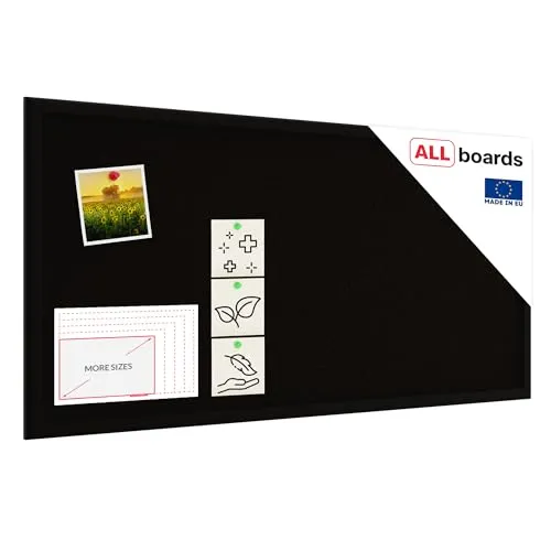 ALLboards Pinnwand mit schwarzem Holz Rahmen 80x40cm - Pinnwand aus selbstregenerierendem portugiesischem Kork, ideal zum Organisieren von Notizen und Fotos. Mit ästhetischem Holzrahmen für Stabilität und einfacher Montage.