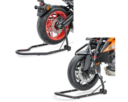 ConStands Motorradheber Set Lenkkopfständer + Hinterrad S1 - Praktisches Set für sicheres Anheben von Motorrädern. Der Lenkkopfständer mit Höhenverstellung und der stabile Hinterradständer ermöglichen müheloses Arbeiten und Pflege. Ideal für Reparaturen und Überwinterung.