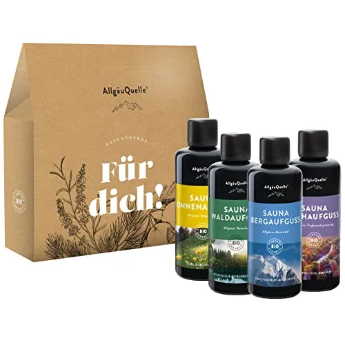 FÜR DICH 4ER SAUNA SET GESCHENKSET - Saunadüfte & -öle: 4 x 100 ml Bio Saunaaufgüsse aus 100 % naturreinen ätherischen Ölen, perfekt zum Verschenken und für ein entspannendes Saunaerlebnis.