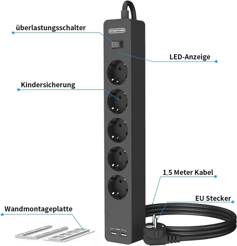 NTONPOWER Steckdosenleiste Wandmontage mit Halterung – 3/5-fach