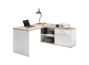 Mid.you Eckschreibtisch, Weiß & Eiche - Stilvoll Arbeiten - Kinderschreibtische mit modernem Design und viel Stauraum für Ordnung im Arbeitszimmer. Ideal für kreative Köpfe mit 2 offenen Fächern und einer praktischen Schublade.