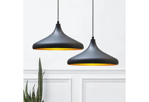 bamyum Champion Pendelleuchte Esstisch 2 Flammig Schwarz Gold Ø30 cm - Hängeleuchte für Esstische, mit elegantem mattschwarzen und goldenen Design, ideal für stilvolle Akzente in Wohnräumen und Gastronomie.