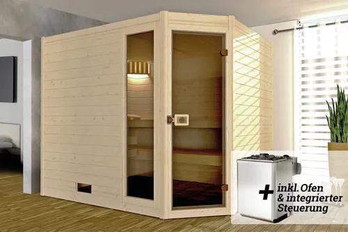 Weka Sauna VALIDA 9,0 kW - Glastür mit Fenster für ein modernes Ambiente - Sauna mit 9,0 kW Leistung, ideal für entspannende Wellnessmomente und modernes Design durch die Glastür.