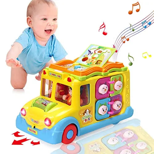 HUIYOKAY Musikalischer Bus für Babys ab 1 Jahr - Musikalisches Spielzeug mit Tiergeräuschen und Bump & Go-Funktion, fördert die Hand-Auge-Koordination und Neugier von Kleinkindern, ideal für 12-18 Monate.