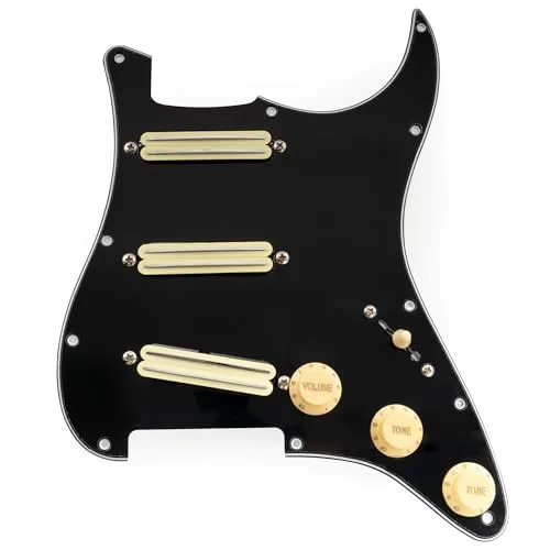 Musiclily Pro-SE ST-DPHC SSS Vorverdrahtetes Schlagbrett Pre-Wired Pickguard mit Keramik Mini Rail Humbucker für Strat Style E-Gitarre, 3-lagig Schwarz with Zebra Pickup