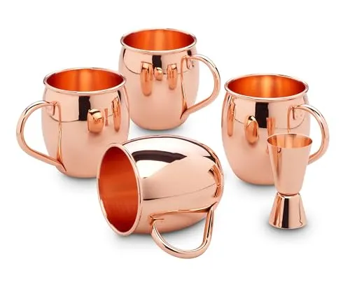 Echtwerk Kupferbecher-Set - Thermobehälter mit 4x 500ml Edelstahl-Kupferbechern und Jigger, ideal für stilvolle Cocktails und Getränke, spülmaschinengeeignet und geschmacksneutral.