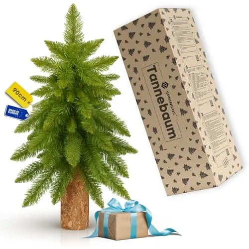 SPRINGOS Künstlicher Weihnachtsbaum grüne Tanne mit echtem Stamm 90 cm