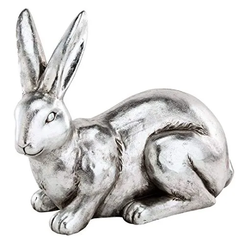 Posiwio extra großer frühlingshafter Deko-Hase - Sammlerfigur, hockender Osterhase Moppel in altsilber Antik-Optik, ca. 50 x 25 x 40 cm, ideal als frühlingshafte Tischdeko oder Blickfang für österliche Arrangements.