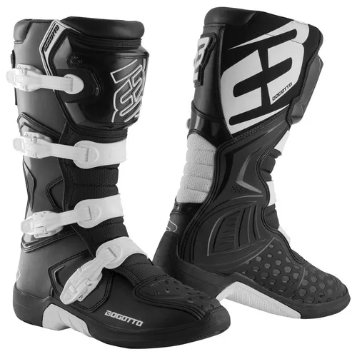 Bogotto MX-5 Motocross Stiefel, schwarz-weiß, Größe 43 für Frauen - Motorradstiefel mit 4 Verschlussschnallen, optimalem Schienbein- und Knöchelschutz sowie verstärkten Zehen- und Fersenbereichen für maximale Sicherheit und Komfort.