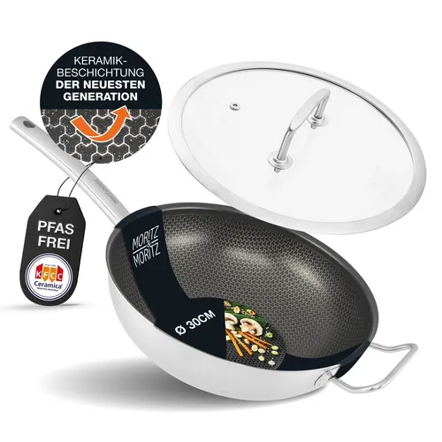 Moritz & Moritz Wok Wokpfanne 30cm mit Deckel, Edelstahl (Set), Antihaft