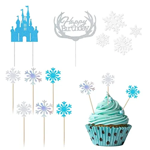 Stück Schloss-Kuchenaufsätze, Glitzer-Schneeflocken-Geburtstagsdekorationen, Cupcake-Aufsätze, gefrorene Kuchenaufsätze, Schloss-Schneeflocken-Kuchenaufsätze für Weihnachten, Geburtstag, Hochzeit 56