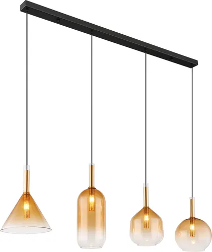 Globo Lighting Hängeleuchte Metall schwarz matt, 4x G9 LED - Elegante Hängeleuchte aus hochwertigem Metall in schwarz matt mit bernsteinfarbenem Glas. Ideal für stimmungsvolle Beleuchtung über dem Esstisch. Höhe kürzbar, exklusive G9 LED-Leuchtmittel.