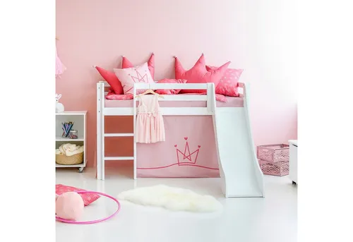 Hochbett HOPPEKIDS «Princess», weiß - Hochbett für Kinderzimmer, aus 100% Massivholz, mit Rutsche und Vorhang in Rosa, fördert Spiel und Kreativität – ideal für zauberhafte Traumwelten.