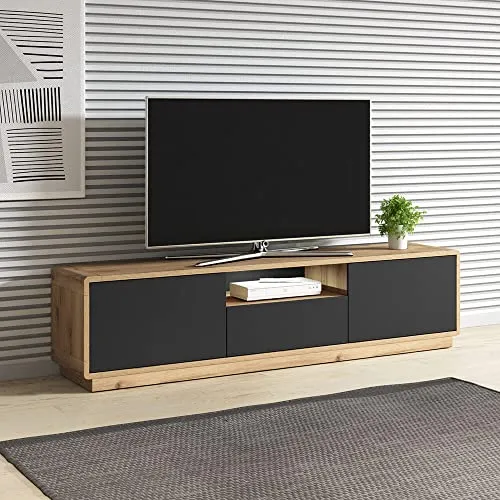 Fernsehschrank TV Lowboard ALBANY-83 - Modernes Lowboard für das Wohnzimmer mit stilvoller LED-Beleuchtung und praktischem Vollauszug, ideal für einen skandinavischen Einrichtungsstil.