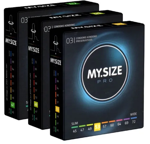 MY.SIZE Kondome PRO «Probierset S» (47mm, 49mm, 53mm) 3 Packungen mit je 3 Maßkondomen, insgesamt, 9 St., Kondome zum Anprobieren und Austesten, die neue Generation MY.SIZE Kondome