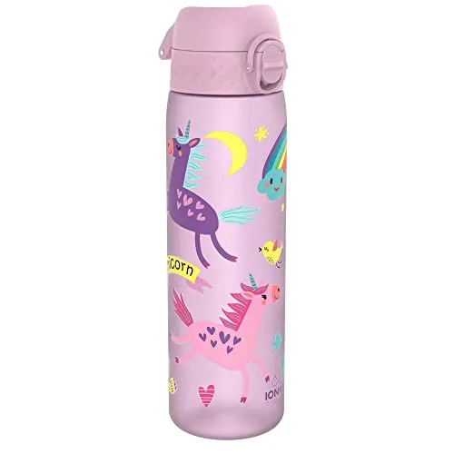 ion8 Trinkflasche, 500 ml, Auslaufsicher, Einhandöffnung, Sichere Verriegelung, Spülmaschinenfest, BPA-frei, Tragegriff, Klappdeckel, Leicht zu Reinigen, Klimaneutral, Einhörner-Design
