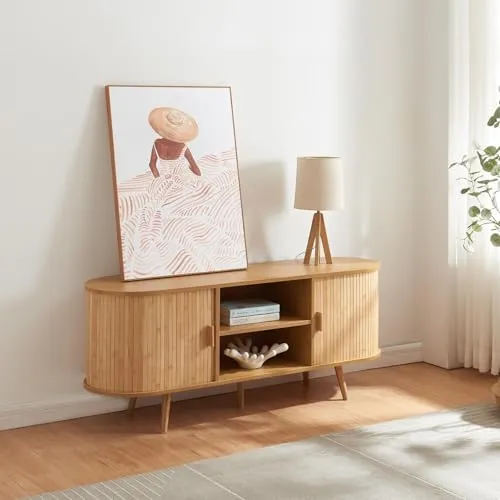 [en.casa] Kommode Nordkapp Sideboard mit 2 Schiebetüren - TV-Halterungen - Stilvolles Sideboard aus hochwertigem Bambus mit viel Stauraum und zusätzlicher Ablagefläche für eine elegante Wohnzimmereinrichtung.