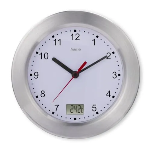 Hama Wanduhr Mauritius, silber, mit Thermometer - Wanduhr aus Metall mit präzisem Quarzuhrwerk und Temperaturanzeige (-20°C bis 50°C). Ideal für glatte Wände, inklusive Batterien.