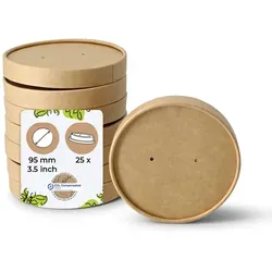 BIOZOYG Pappdeckel Suppenbecher 25 Stück Ø 95 mm Braun Suppenterrine mit Deckel Beschichtet Einweg Kartondeckel Membrandeckel mit Luftlöchern