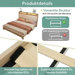 okwish Holzbett 140×200 mit Stauraum-Kopfteil und LED,Doppelbett mit Beigefarbener Cordpolster-Rückenlehne,Jugendbett mit Holzlatten,Heller Eiche... - Beige