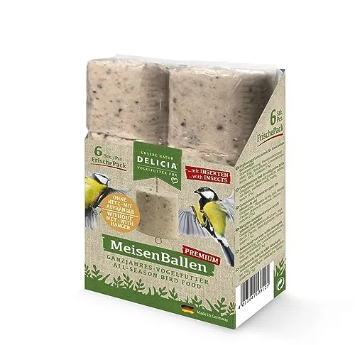 DELICIA® Premium MeisenBallen mit Insekten (6 St. ohne Netz) · Meisenknödel mit Aufhänger · Insektenknödel für Gartenvögel & Wildvögel · Vogelfutter Knödel · Körnerkugel zum Aufhängen