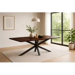 Esstisch Roberto | 200 x 100 cm | Akazienholz massiv & kastanienfarbig | Schweizer Kante & abgerundete Ecken | Spider-Gestell Metall Schwarz - Braun