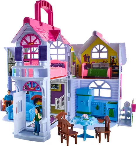 Puppenhaus Set Aufklappbar Tragbar Puppenhausmöbel Puppen Lernspielzeug für Mädchen ab 3 Jahren Bunt 22612