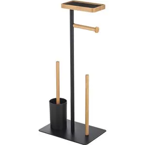 MSV Stand WC Garnitur Teiki - WC-Bürsten & Halter, 4-in-1 Lösung mit freistehendem Papierhalter und Ablage für Feuchttücher oder Smartphone, aus hochwertigem Bambus für langanhaltende Freude.