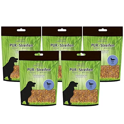 Schecker 5 x 100g Pur Streifen Ente - 100% Ente - getreidefreies Hundefutter - Sauber, leicht teilbar und wunderbar weich