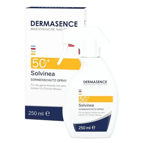 Dermasence Solvinea Spray LSF 50+ 250 ML - Sonnenschutzmittel für die ganze Familie, mit sehr hohem UV-Schutz und feuchtigkeitsspendendem Glycerin. Ideal für sensible Haut und Kinder, zieht schnell ein und ist parfümfrei.