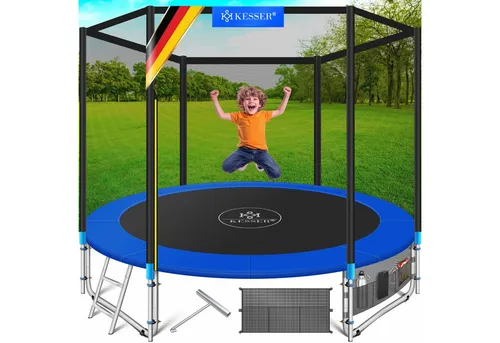 KESSER® Trampolin Komplettset mit Sicherheitsnetz - TÜV Rheinland GS zertifiziertes Gartentrampolin mit 150 kg Belastbarkeit, inklusive Leiter und Randabdeckung für höchste Sicherheit und Komfort im Garten.