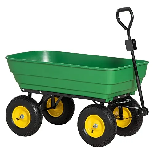 Outsunny Handwagen Gartenwagen Kipper 75° 125L Max. Tragfähigkeit 200 Kg 4 Luftbereifte Räder Stahl PP Gelb Grün