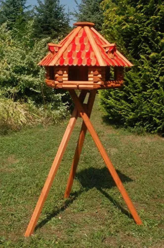 Deko-Shop-Hannusch XXL Luxus Vogelhaus mit Solarbeleuchtung absoluter Blickfang, Vogelfutterhaus aus Holz, V13 XXL mit Ständer, Farbe:Braun - Rot