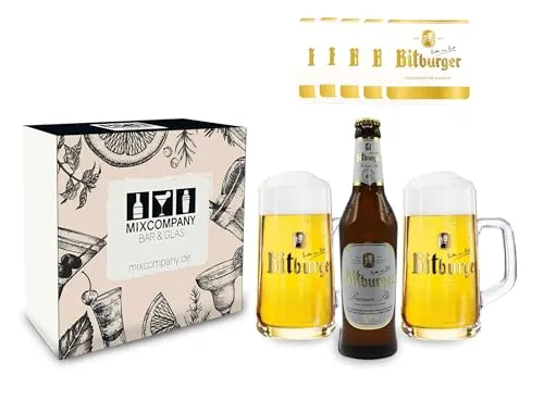 Bitburger Pils Set/Geschenkset - 1x Bitburger Premium Pils 500ml (4,8% Vol) + 2x Bitburger Humpen/Gläser + 10x Bitburger Bierdeckel - Inkl. Pfand MEHRWEG