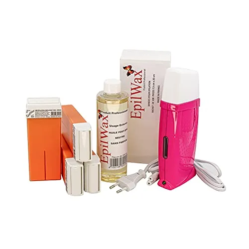 EpilWax Royal Complete Epilation Kit mit: Professionellem Wachswärmer 4 Roll-On Wachs 100 ml Argan, 100 Epilierstreifen, 1 Flasche mit 250 ml Öl nach der Epilation