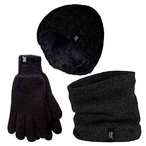 HEAT HOLDERS Herren Halswärmer Mütze Handschuhe Set Winddicht Warm Gestrickt Fleece Thermo Winter Set (L-XL, Schwarz)