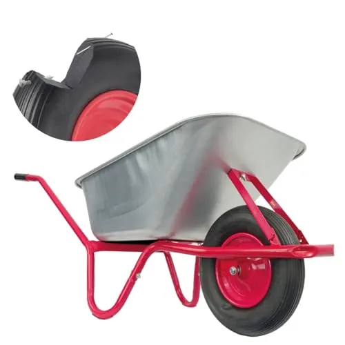 Matrix Schubkarre 100l Liter 250 kg pannensicheres PU-Rad Schubkarren groß Garten Scheibtruhe Bauschubkarre | Mulde verzinkt | Metall Felge mit Kugellager | Farbe rot