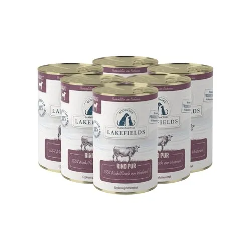 Lakefields Premium Hundefutter Nass | Rind pur 100% | 6 x 400g | Reines Muskelfleisch | Rindfleisch aus artgerechter Weidehaltung | Getreidefreies Nassfutter für Hunde | Regional & Naturbelassen