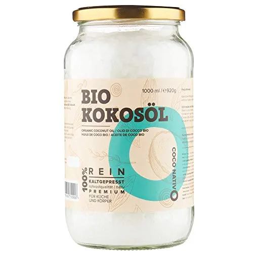 Bio Kokosöl CocoNativo - 1000mL (1L) - Bio Kokosfett, Kokosnussöl, Premium, Nativ, Kaltgepresst, Rohkostqualität, Rein (1000ml) - zum Kochen, Braten und Backen, für Haare und Haut