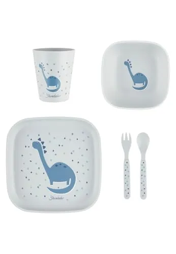 Sterntaler Geschirrset Dino Rexi - Baby und Kindergeschirr in eckiger Form ideal zum Füttern und selbständigen Essen lernen - robustes Geschirr aus lebensmittelechten Material, graublau
