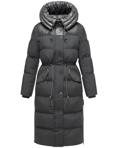 Navahoo Damen Langer Wintermantel warmer Steppmantel aus einem angesagten Materialmix und großer Kapuze Knusperherz 14 Anthracite Gr. M