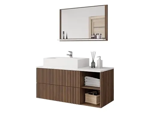 MIRJAN24 Badmöbel-Set Kertos Rillen I, 3-teilig mit Spiegel und Waschbeckenschrank - Badmöbel-Set Kertos Rillen I, modernes Design mit gefrästen Fronten und grifflosen Öffnungssystem. Ideal für stilvolle Badezimmergestaltungen.