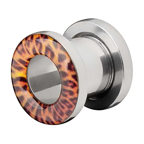 Piercingfaktor Flesh Tunnel Edelstahl Ohr Plug Schraub Piercing Ohrpiercing Tribal Schraubverschluss Leopard Leo Silber Orange 8mm
