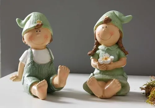 Dekoleidenschaft 2X Dekofigur Frühling – Junge und Mädchen - Sammlerfiguren im 2er Set, liebevoll bemalt und wetterfest, perfekt für die frühlingshafte Gartendekoration.